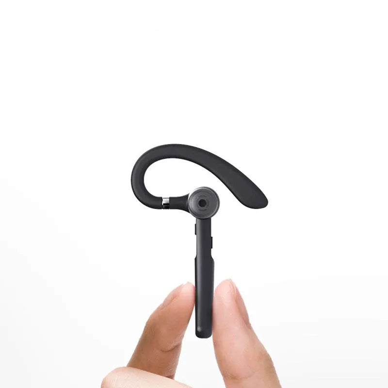 Black mono ear Bluetooth headset with over-ear hanging design and IPX6 waterproof rating