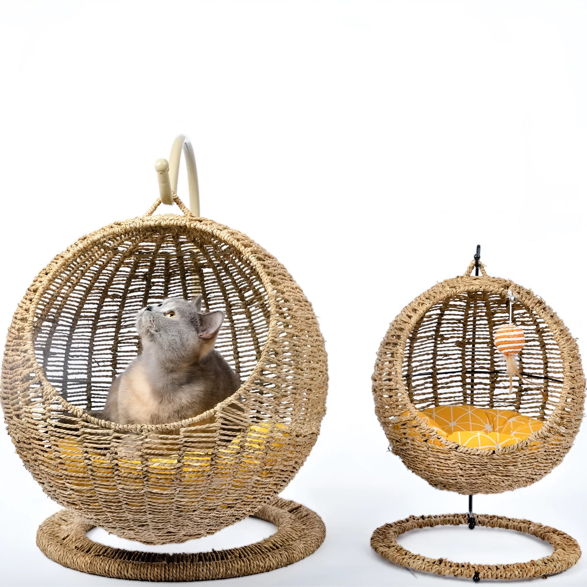 Woven round hanging cat bed with rattan wood lining, 45cm height, shown in small and large sizes