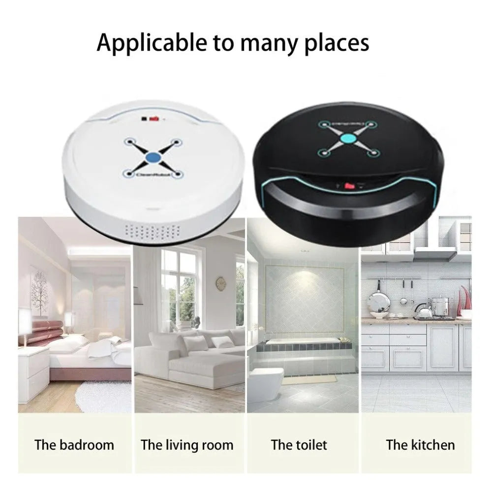 Smart robot vacuum cleaner in black on a hard floor, 22.8 x 22.8 x 7 cm, with ABS body and USB charging cable