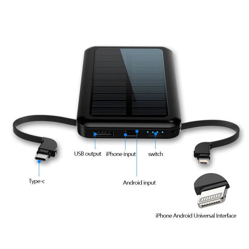 Square aluminium solar power bank with dual cables, 10000mAh capacity, cool black finish