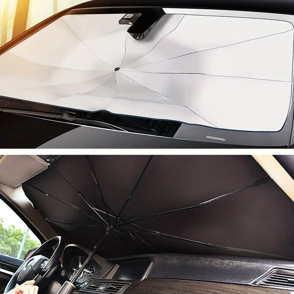 Foldable car windscreen sunshade umbrella open on a vehicle windscreen