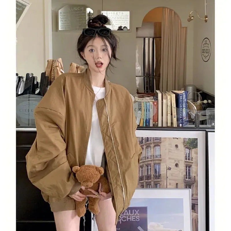 Brown retro pilot jacket top for women with stand collar and long sleeves, 100% polyester fiber, sizes S to 2XL
