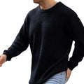 Men's solid colour round neck long sleeve acrylic sweater in black, folded flat on a white background