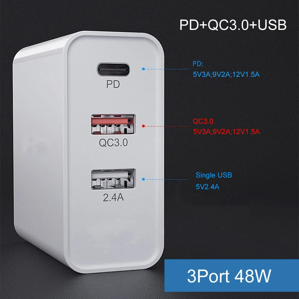 White multi-port USB fast charger with PD QC support on a table.