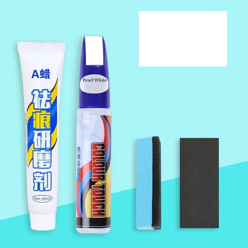 Automotive paint repair pen kit with touch-up paint, wax, sponge, and sandpaper for car scratches