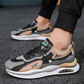Men's grey and black mesh running shoes with EVA sole and sewing thread detail on a white background.