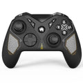 Black wireless game controller with ergonomic handles and leather-like texture, shown with Type-C cable