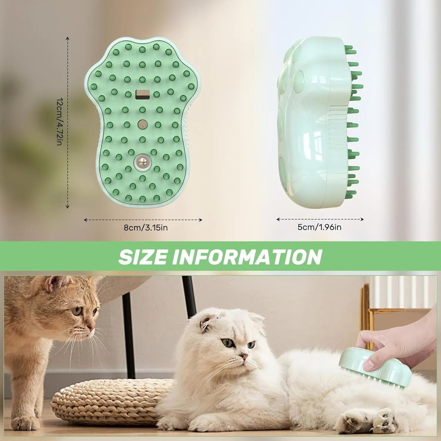 Self-cleaning cat steam brush with blue light, silicone bristles, and rechargeable spray function