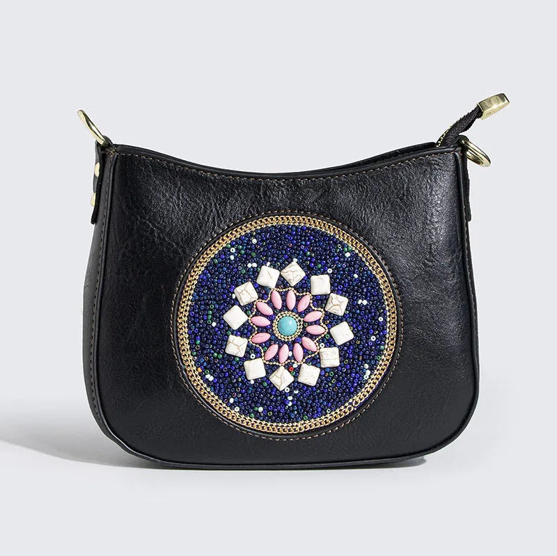 Straw bead turquoise ethnic style tote bucket crossbody bag for women with PU lining
