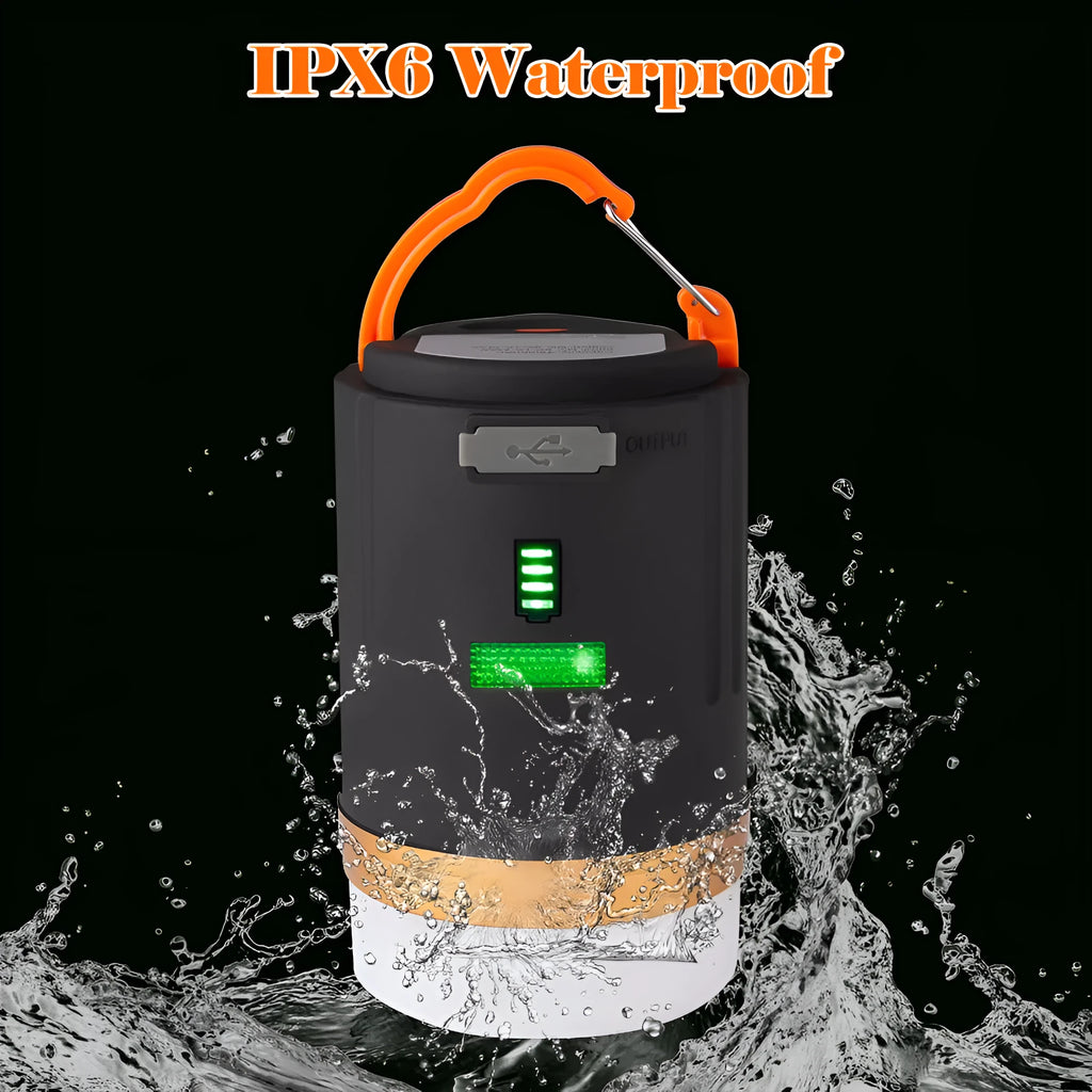 Black rechargeable camping light with remote control, hanging hook and magnetic base, IPX6 waterproof rated