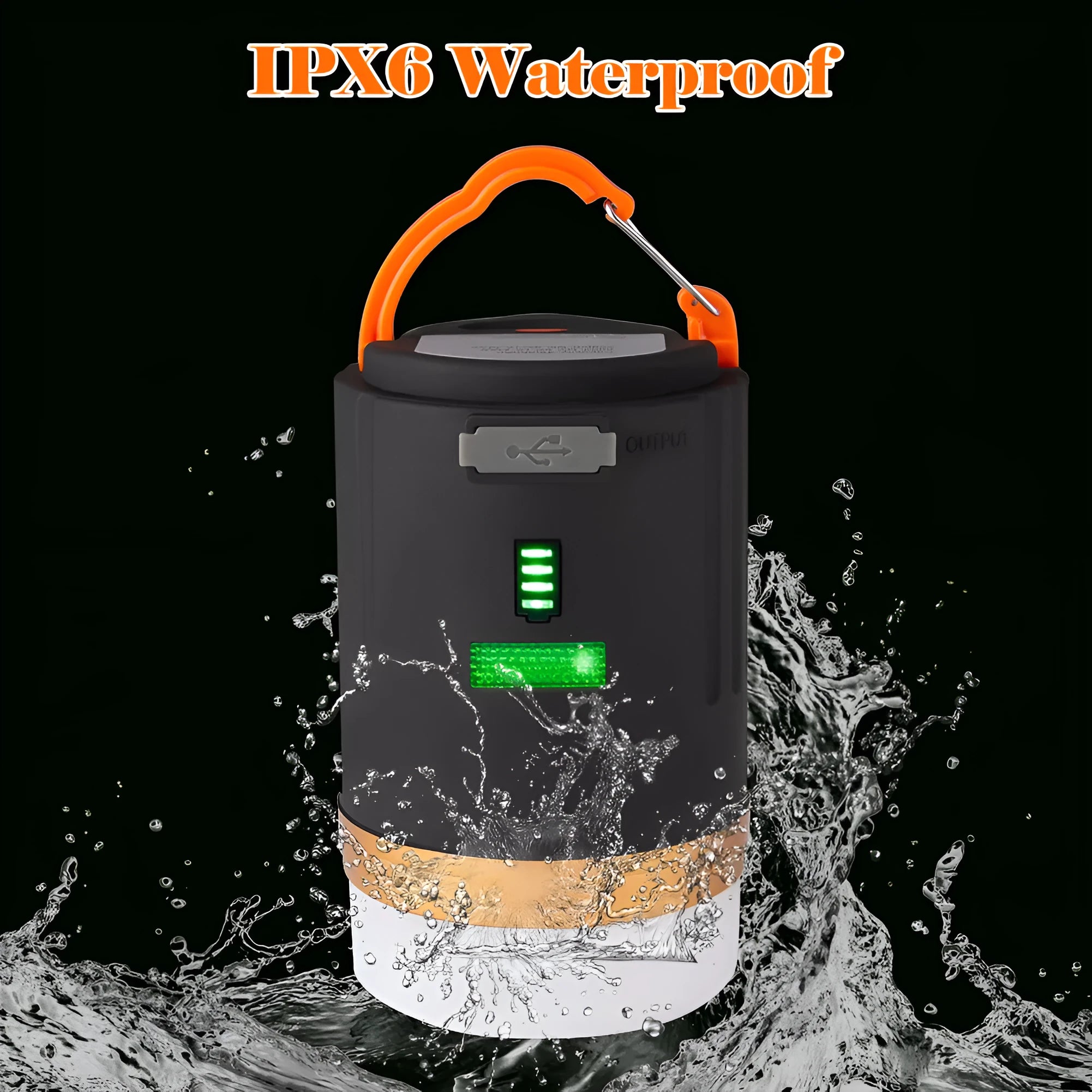 Black rechargeable camping light with remote control, hanging hook and magnetic base, IPX6 waterproof rated