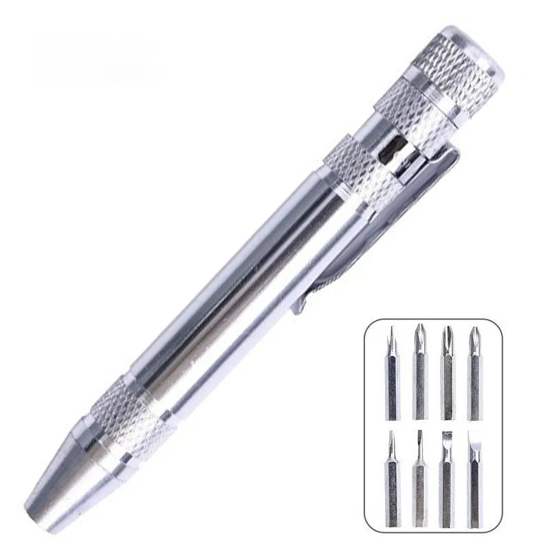 Aluminium alloy pen-type 8-in-1 screwdriver set in assorted colours with chrome vanadium steel shaft.
