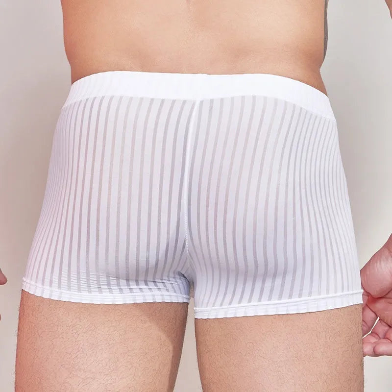 Men's striped lightweight mesh underwear in black, shown flat.