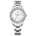 Silver fashion quartz watch with luminous dial, diamond accents, and waterproof case