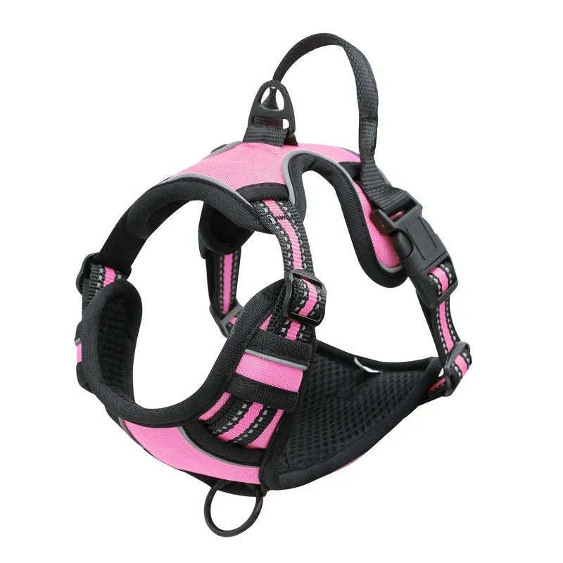 Adjustable dog chest strap harness in Oxford cloth, shown in various colours and sizes.
