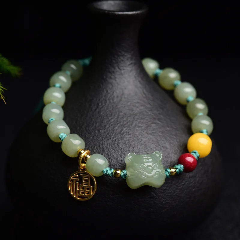 Natural Hetian jade bracelet with cinnabar and beeswax beads, animal zodiac modelling