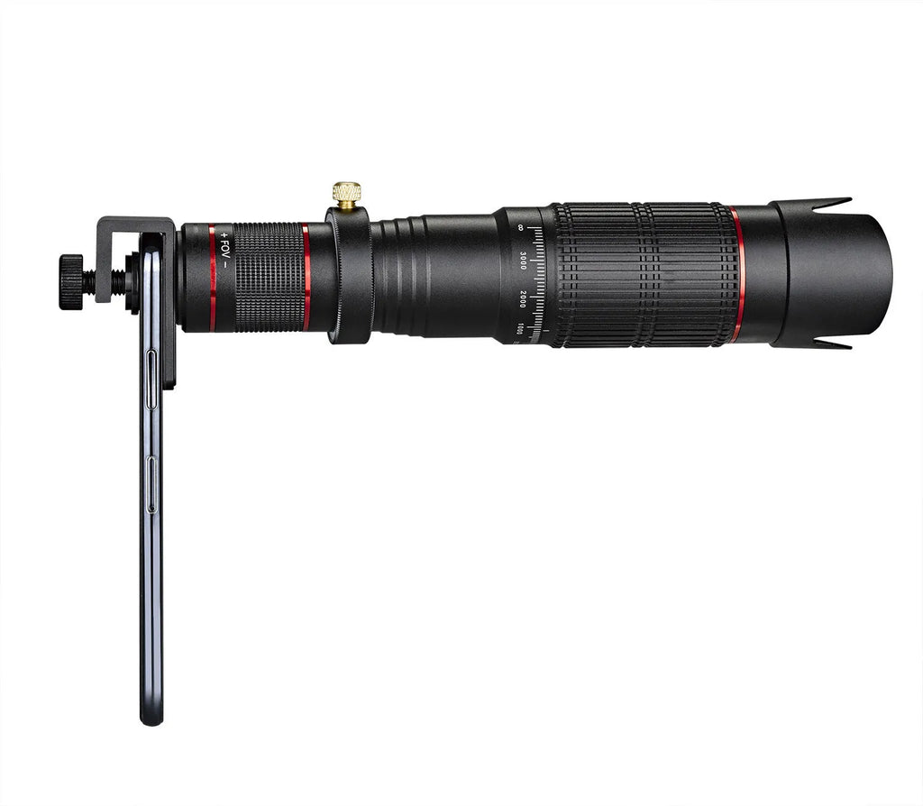 Black 36x telephoto mobile phone telescope shown folded to 22.5cm length, compatible with smartphones.