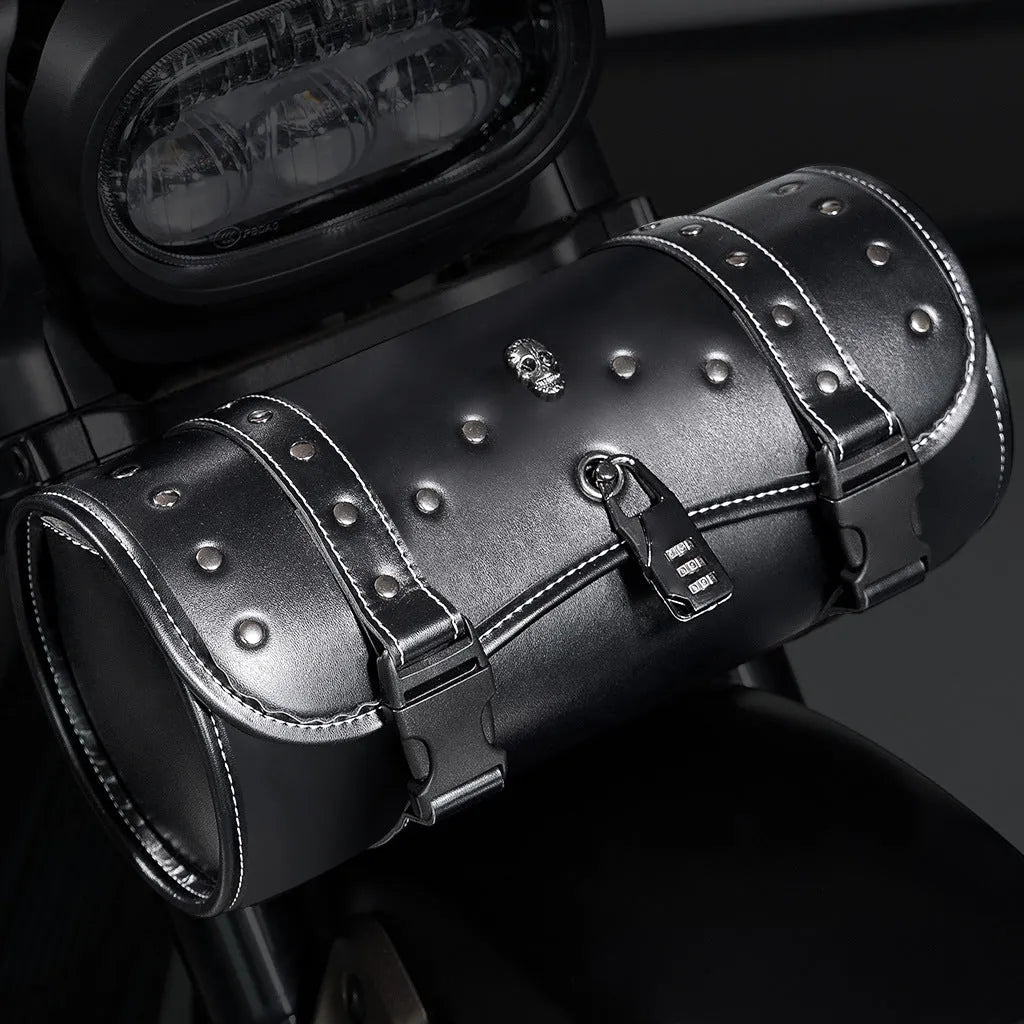Black PU leather motorcycle pannier bag mounted on a retro bike