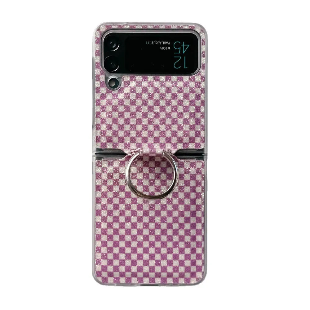 Foldable screen plaid ring phone case for Samsung Galaxy Z Flip 3 and Z Flip 4 in black with ring grip