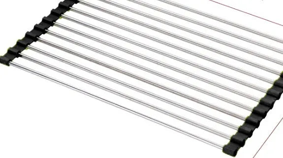 Folding stainless steel kitchen sink drying rack in red colour, shown extended for use.