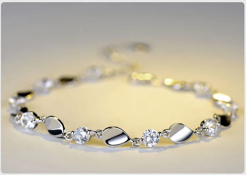 Diamond-encrusted 925 sterling silver bracelet with AAA+ zircon stones, bright white and silver, adjustable chain tail