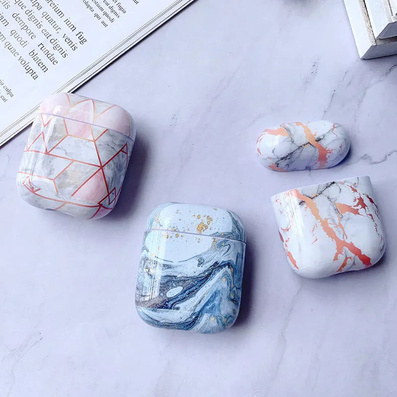 White marble patterned hard PC protective cover for AirPods 1 and AirPods 2 charging case.