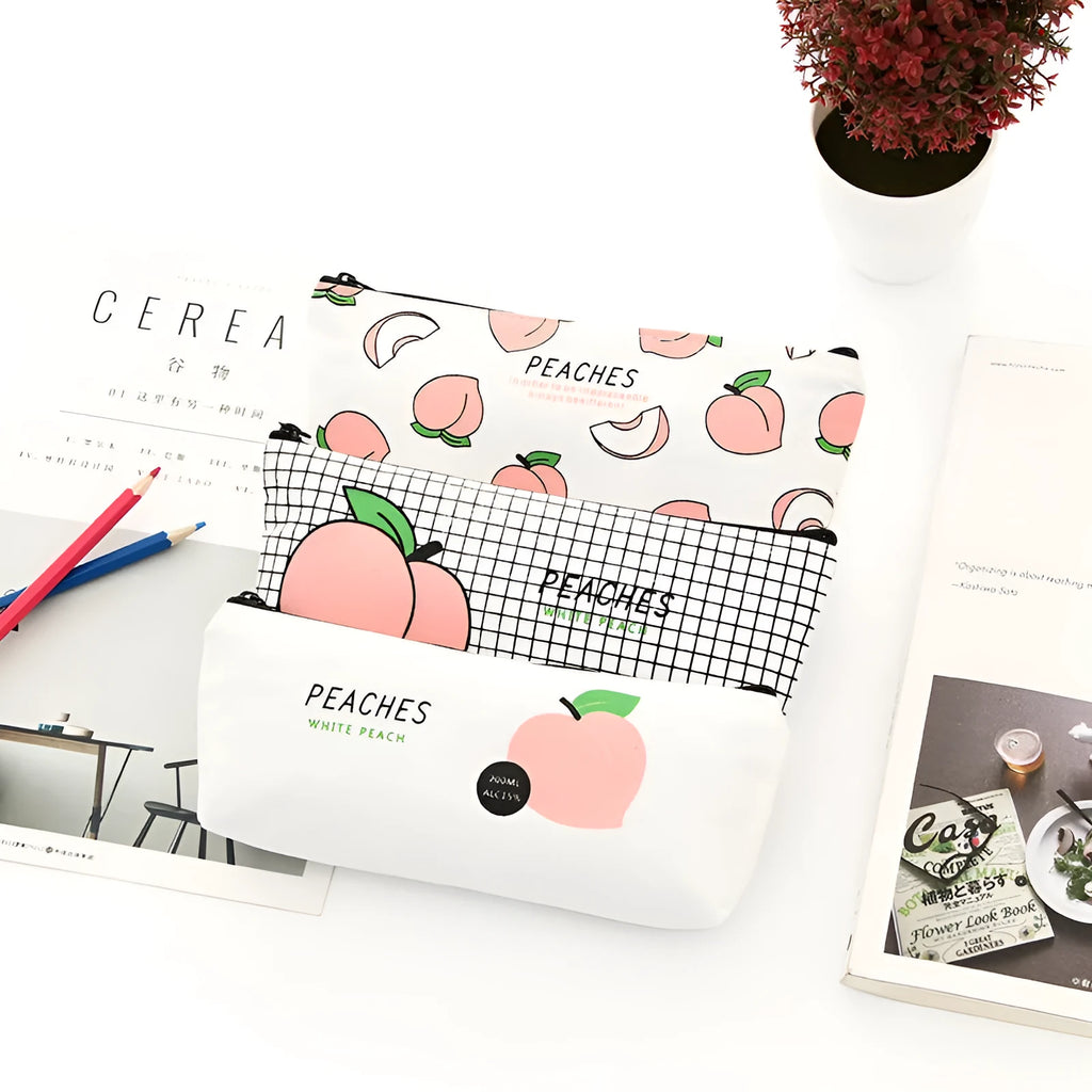 Rectangular canvas pen pouch 20cm x 8.5cm in Grid, White Peaches, black and white options