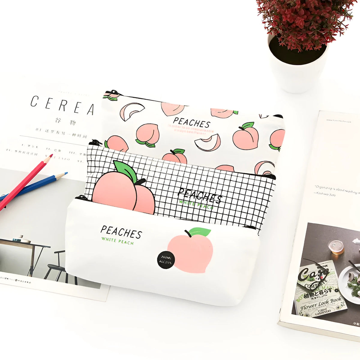 Rectangular canvas pen pouch 20cm x 8.5cm in Grid, White Peaches, black and white options