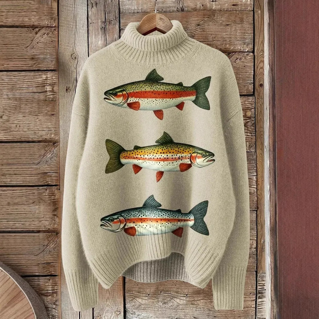 Women's loose fit Christmas printed turtleneck sweater in a macaron colour