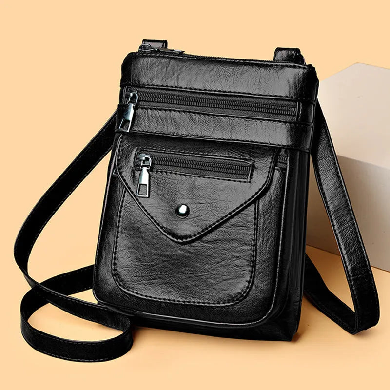 Vertical crossbody phone bag for women in square shape with visible sewing lines