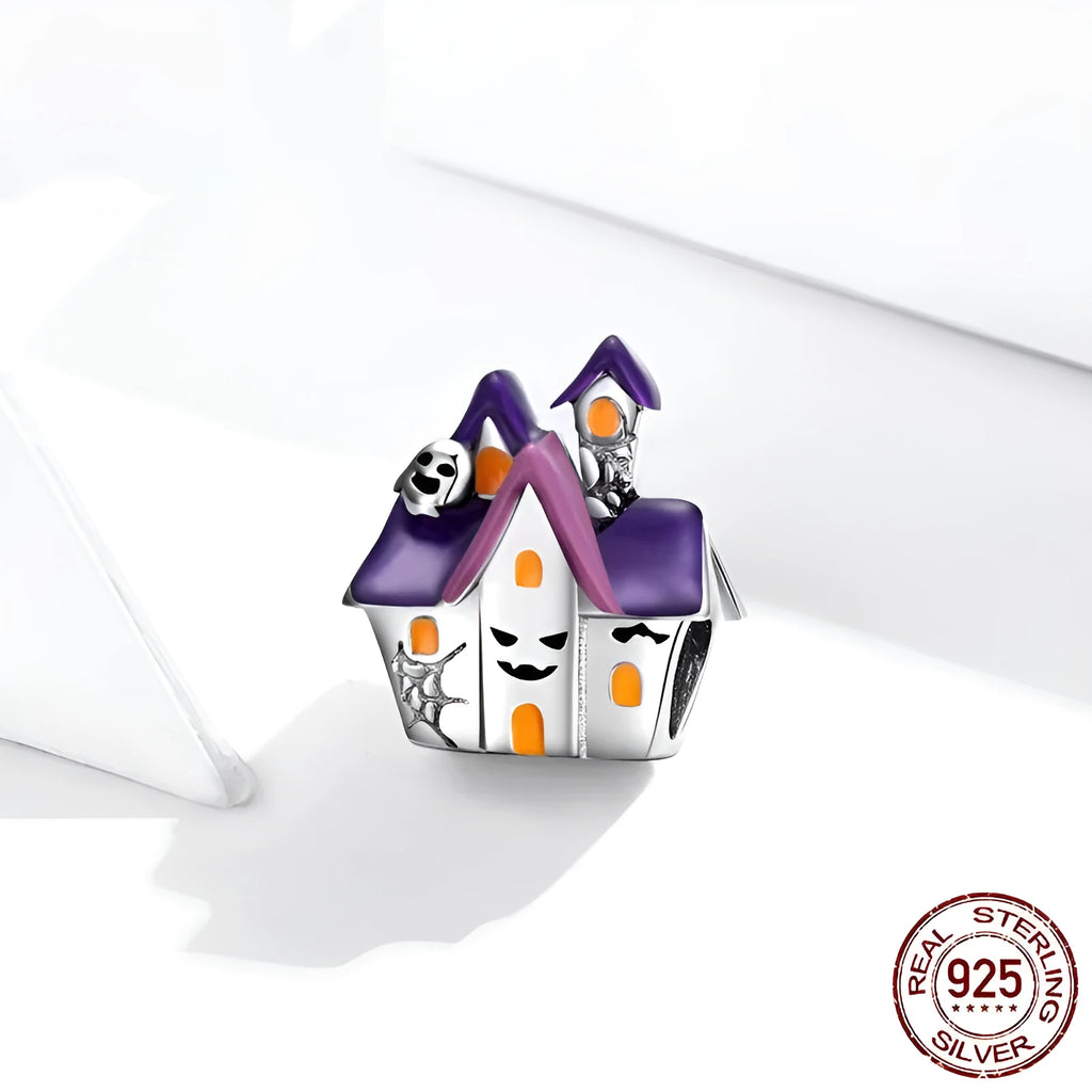 Purple Halloween haunted house metal loose bead, 1.2cm x 1cm, with heart element for jewellery making