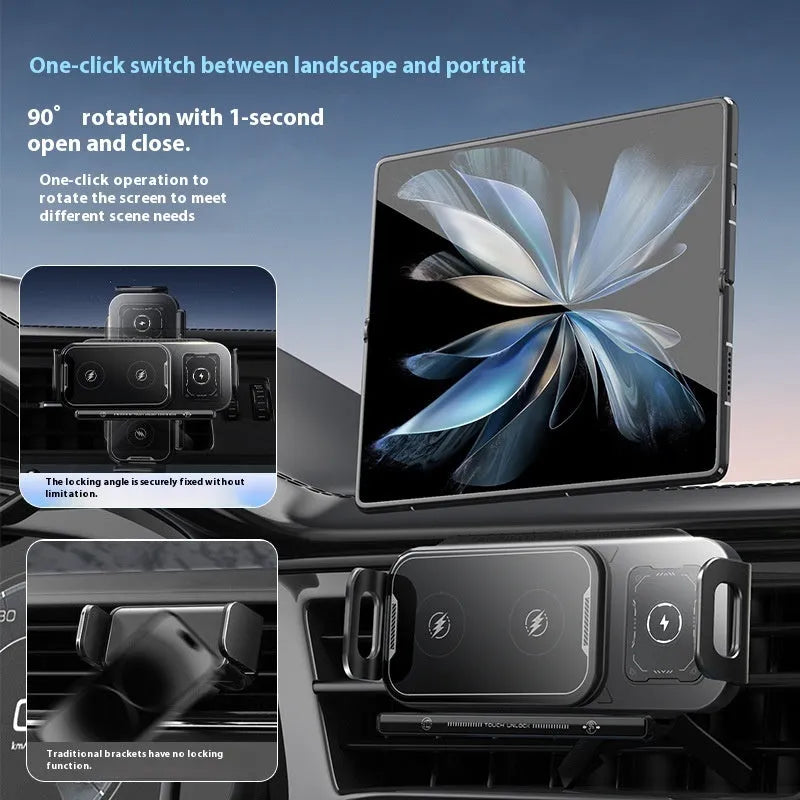 Folding screen car phone charger with wireless charging pad in Xingyao Black plastic finish