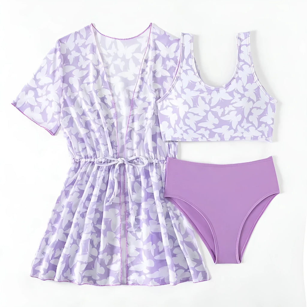 Three piece girls swimsuit cover-up set comprising coat, vest and pants in colour 3218