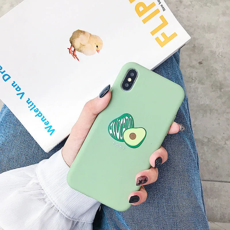 Green cartoon avocado design on a black TPU phone case for Apple iPhone.