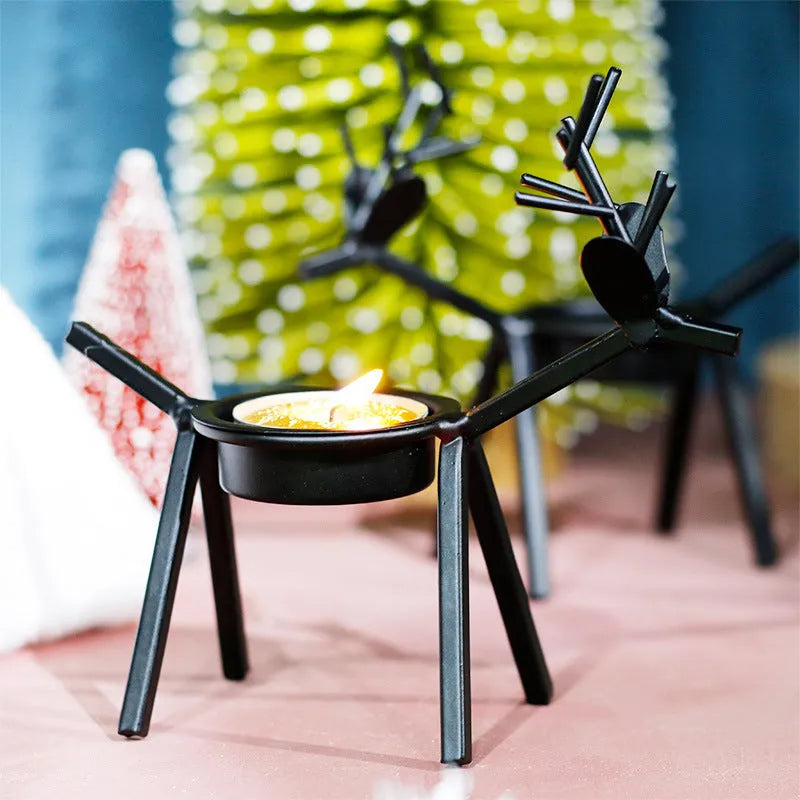 Black iron Christmas deer candlestick holder with elk bracket design for festive decoration