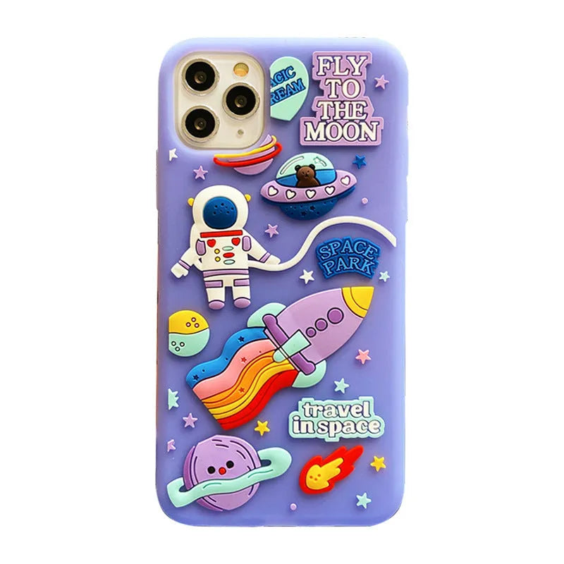 Purple silicone iPhone case with cartoon astronaut graphic for models 7, 8, X, and 11