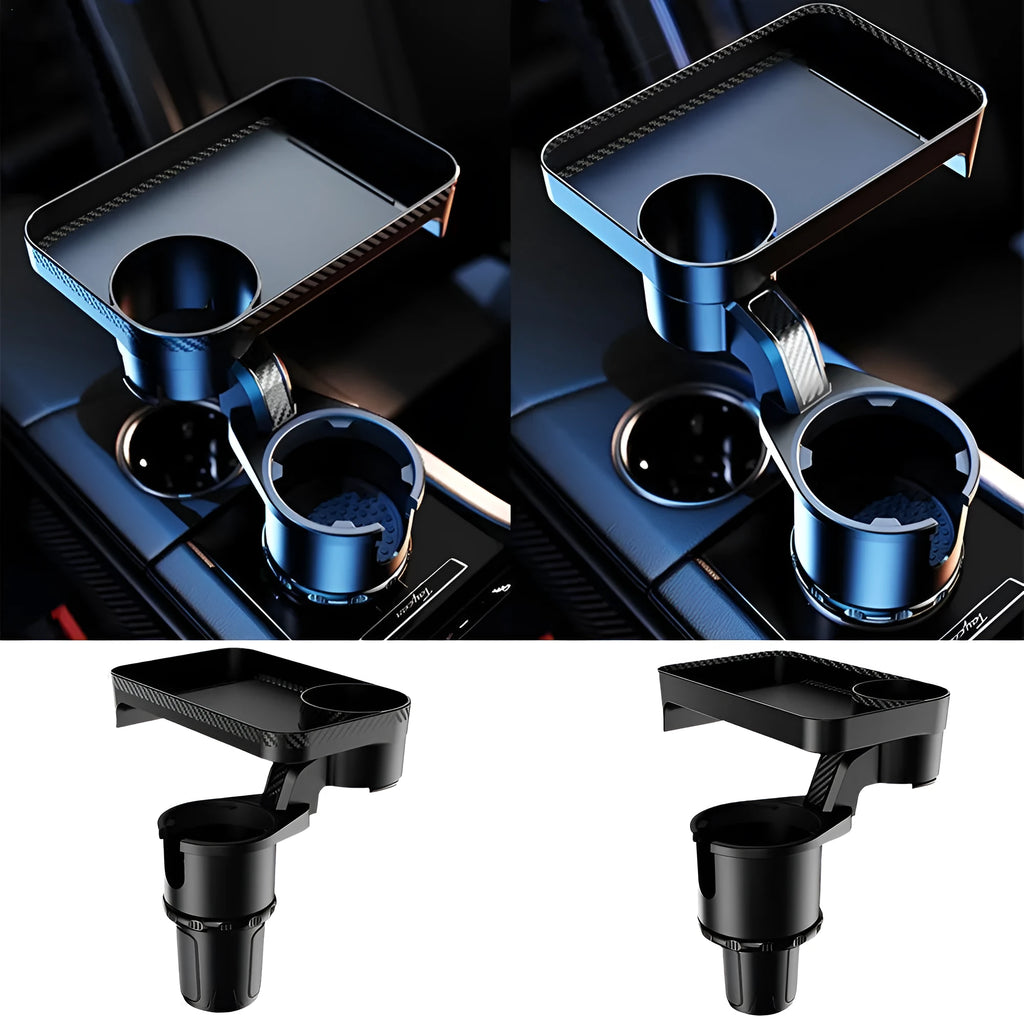 360 degree rotating car centre console tray rack in carbon fibre and matt black plastic with retractable bottom, L and S sizes