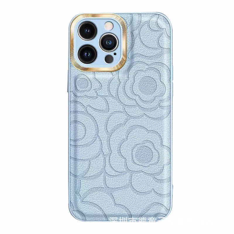 Camellia leather pattern iPhone case with soft edge and hard back in antique white