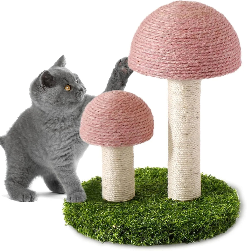Pink mushroom-shaped cat scratching post with natural sisal caps and pole