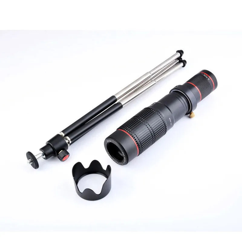 Black 36x telephoto mobile phone telescope shown folded to 22.5cm length, compatible with smartphones.