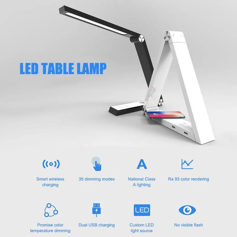 LED triangle table lamp with wireless charging pad and touch dimming controls in black