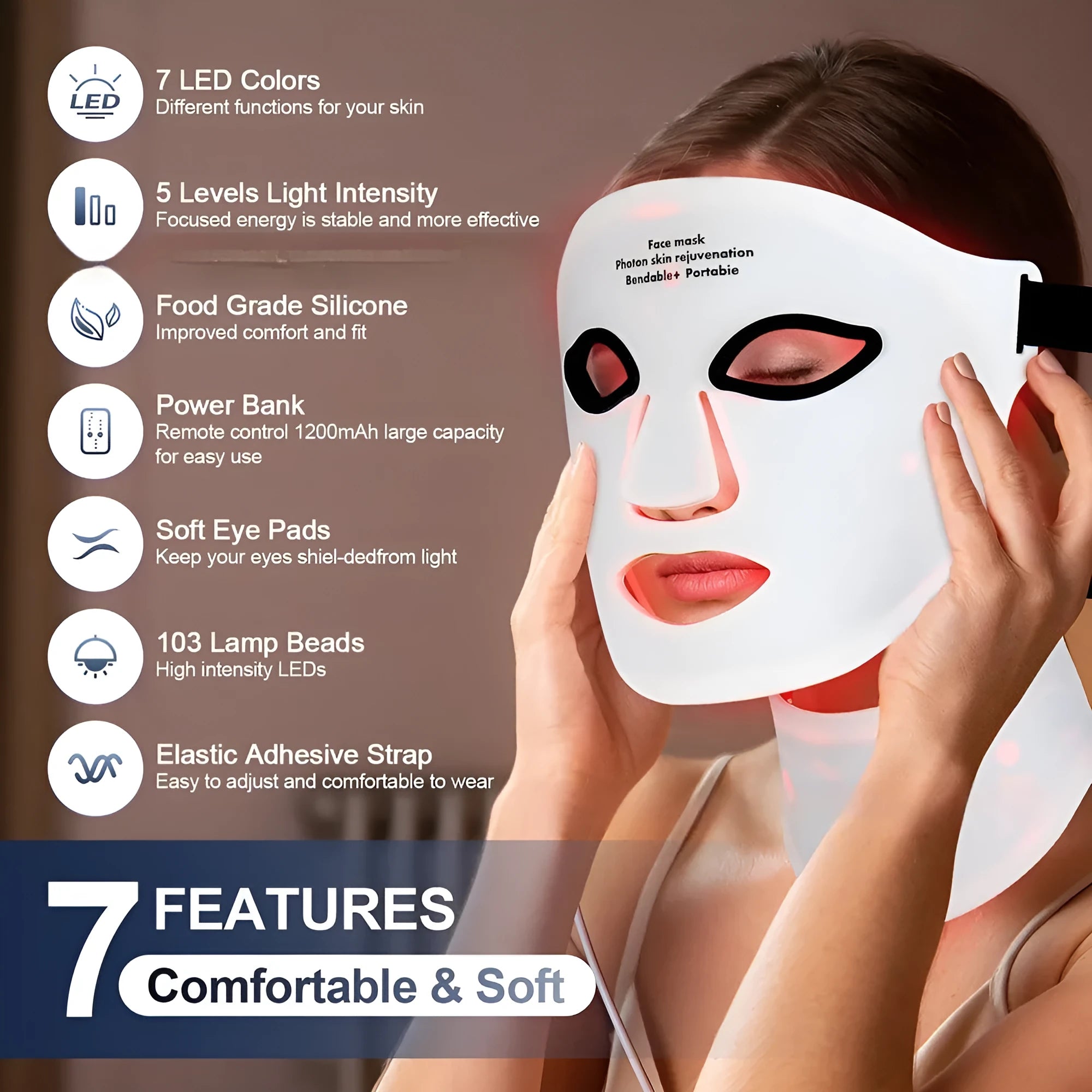 Rechargeable silicone LED photon face mask for home skin rejuvenation in black colour