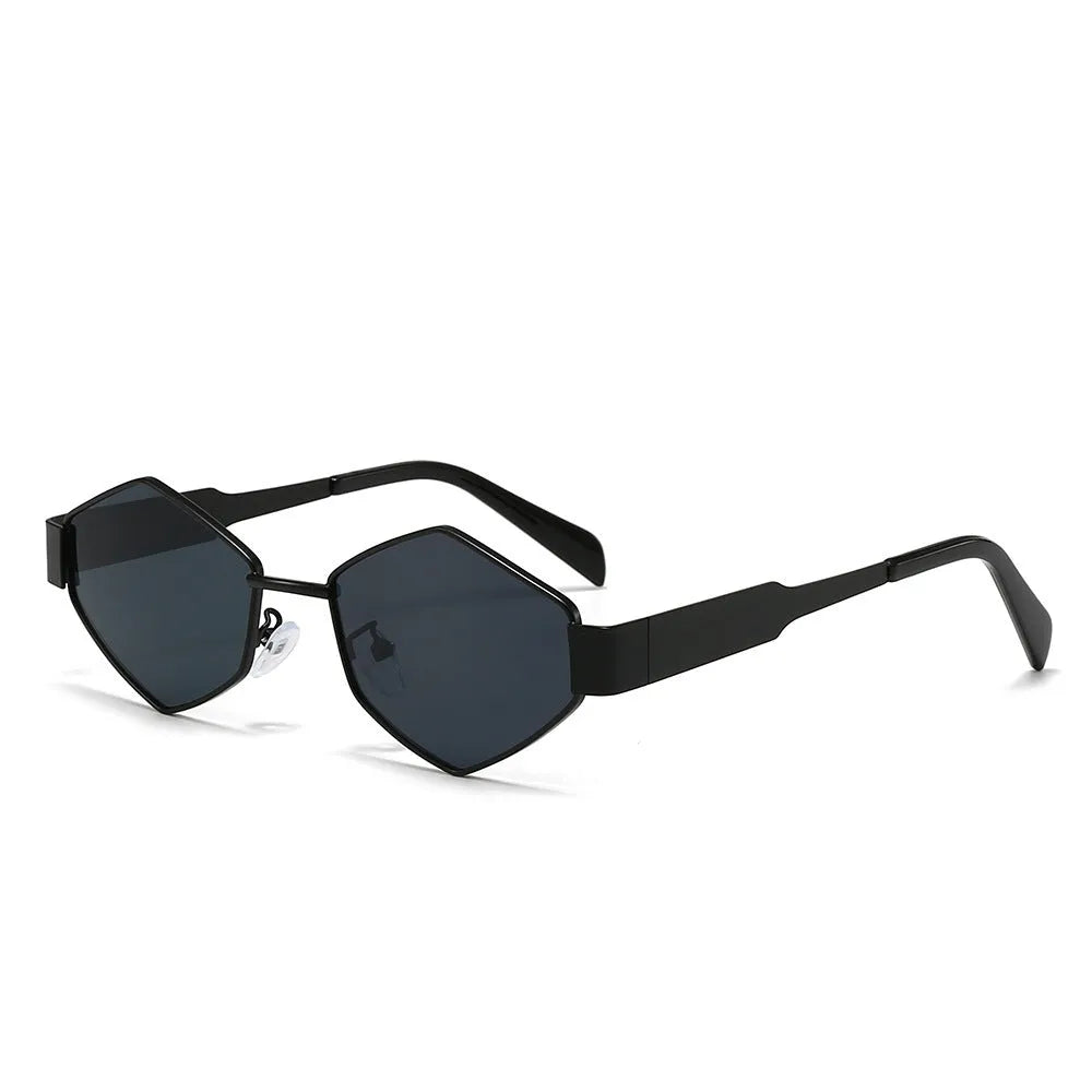 Cool polygon rhombus metal sunglasses with hexagon style, black frame and black grey lens
