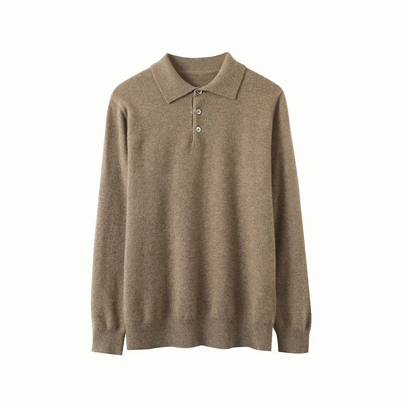 Men's blue cashmere polo collar pullover sweater on hanger showing loose fit design