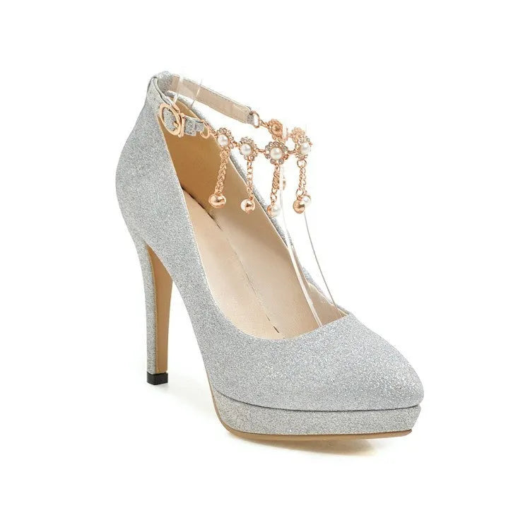 Blue women's platform stiletto high heels with pointed toe.
