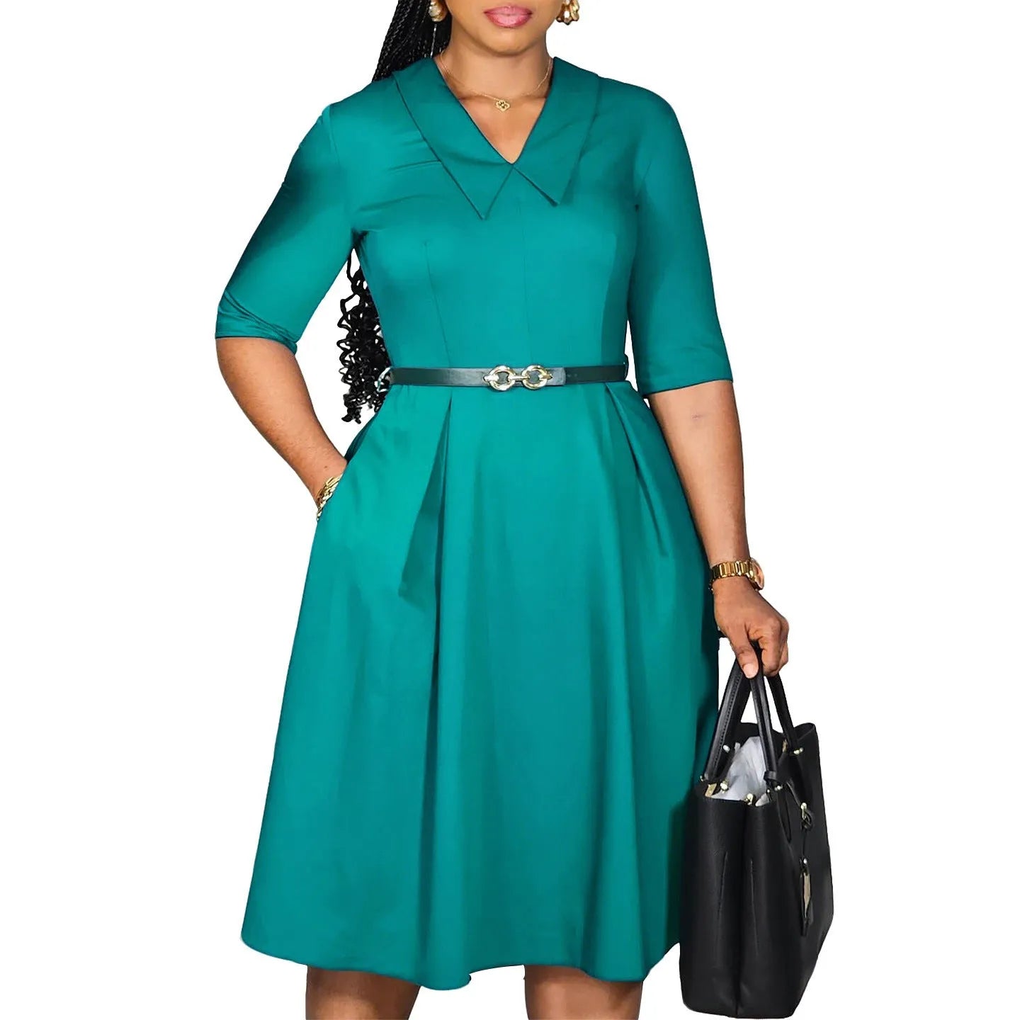 Women's solid colour African dress with half sleeves and a matching detachable belt.