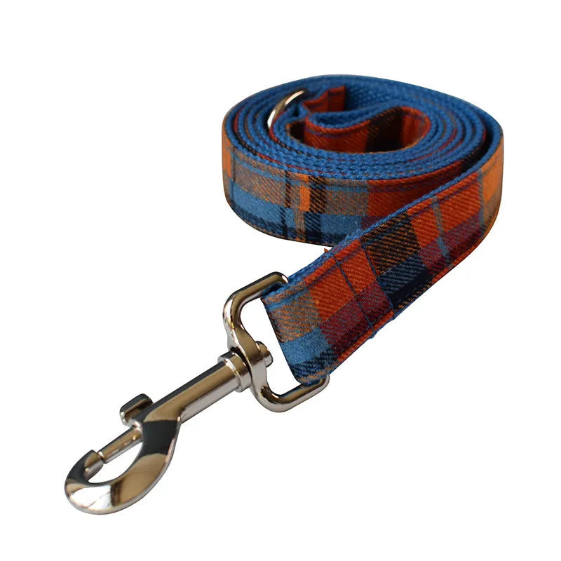 Blue velvet plaid pattern dog collar with metal alloy buckle in multiple sizes
