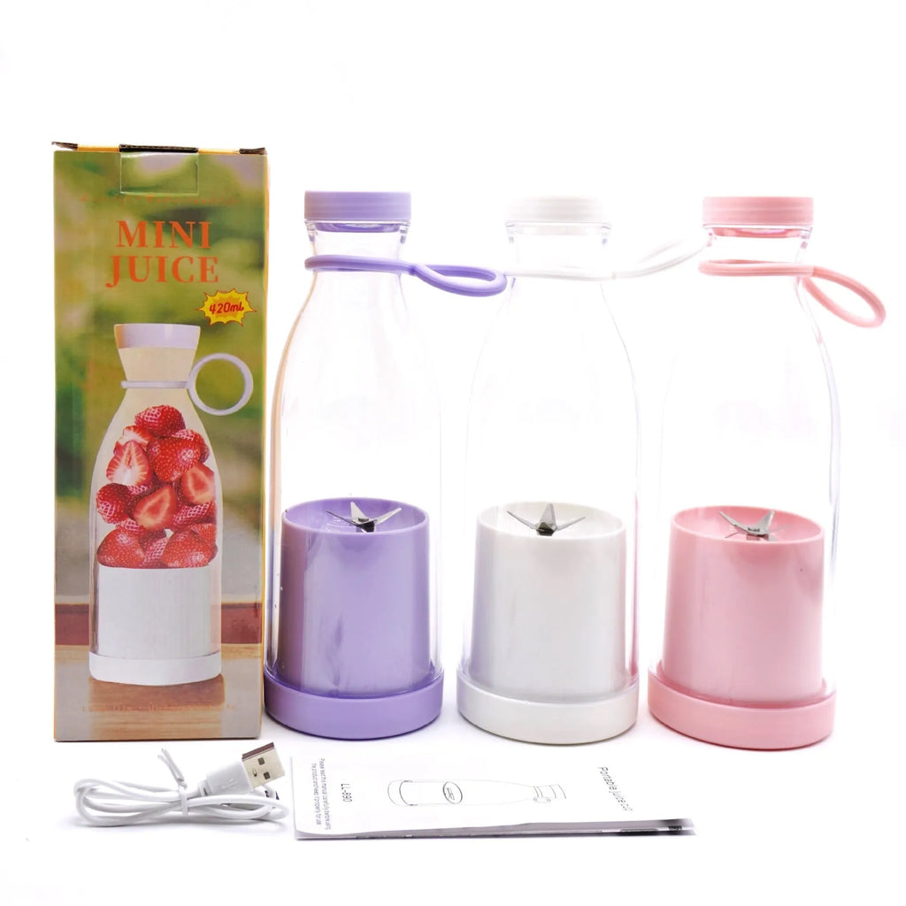 Electric USB wine bottle juicer cup with 6-leaf cutter head, PC food grade plastic liner, 400ml capacity, shown in white