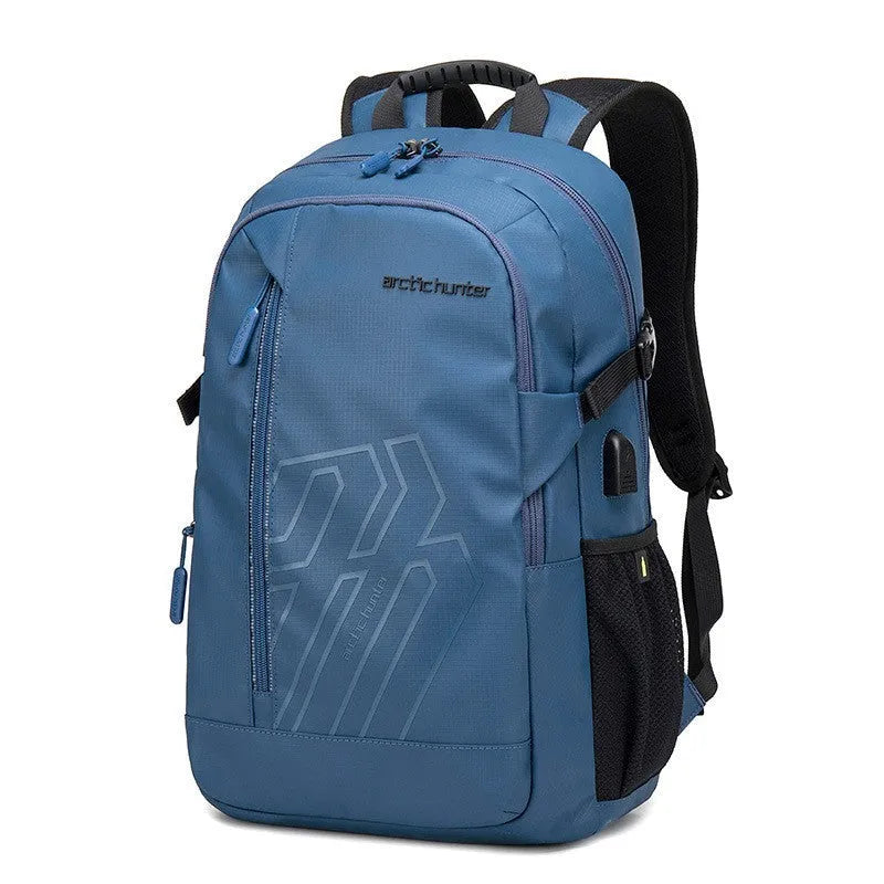 Casual plaid laptop backpack with curved shoulder straps showing blue colour option