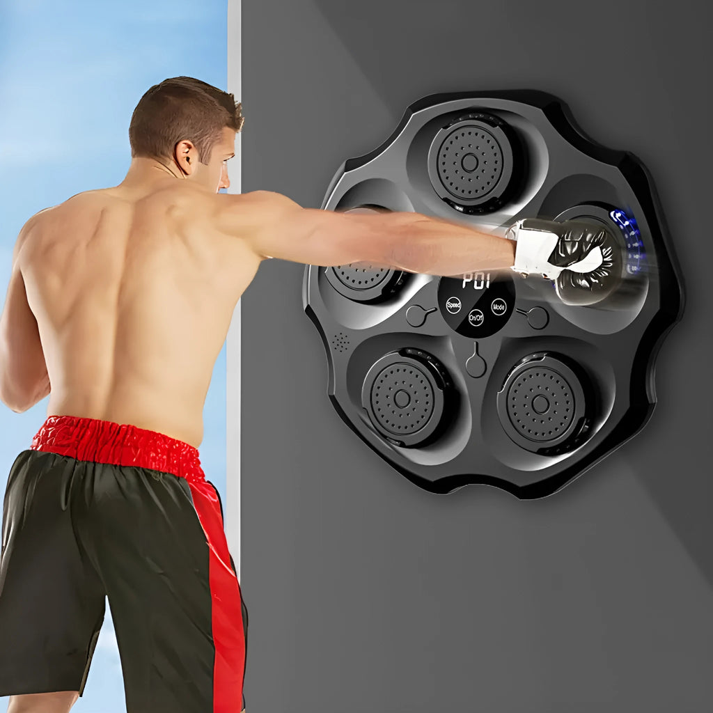 Black Bluetooth music boxing wall target hanging on wall with boxing gloves.